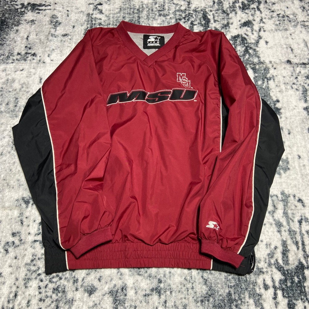 Starter MSU Pullover Windbreaker Jacket Mens Medium Red Black V Neck